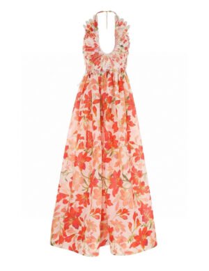 AGUA Orange Floral Ruffle Backless Maxi Dress
