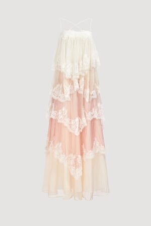 Women's White Pink Tiered Lace Maxi Dress