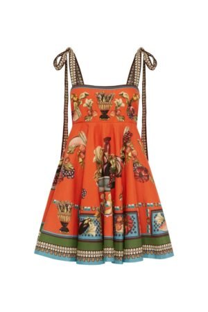 Australian Alemais New Orange Tie-up Camisole Mini Dress, Retro Fruit and Vegetable Printed