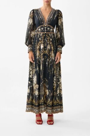 shaped waistband dress with gathered sleeves